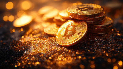 Poster - Golden Bitcoin Coins in Focus with Depth Effect: Cryptocurrency and Investment Concept