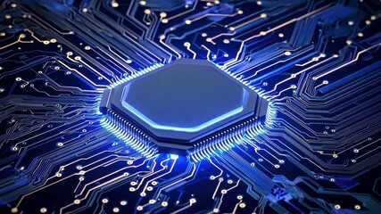 Poster - Advanced Circuit Design with Glowing Microchip in Abstract Technology Background