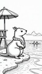 Canvas Print - A drawing of a beaver sitting on a beach next to a lifeguard stand