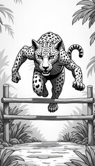 Sticker - A black and white illustration of a jaguar jumping over a fence