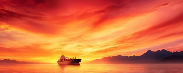 Poster - A serene sunset illuminates the sky with vibrant hues, casting a warm glow over a tranquil sea with a ship silhouetted against the horizon.