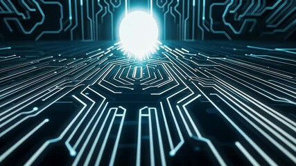 Poster - Abstract Digital Circuitry with Energetic Light Pathway in Futuristic Environment