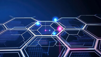 Poster - Vibrant Hexagonal Grid with Neon Lights in a Virtual Environment Background