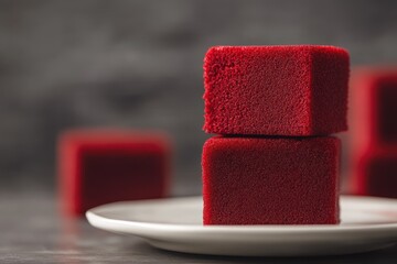 Wall Mural - A plate holds two red velvet squares stacked with more blurred squares behind and empty space on the right