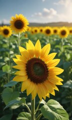 Wall Mural - Single bright yellow sunflower, vibrant petals, green field, nature, floral photography