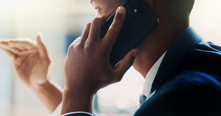 Poster - Business, man and phone call discussion in office for investment deal, financial negotiation or update. Employee, hands and trader talking to contact for stock market share price or finance feedback
