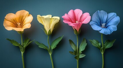 Wall Mural - Four colorful flowers on a dark background.