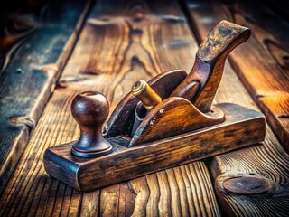 Antique Woodworking Plane on Rustic Wooden Surface - Vintage Hand Tool