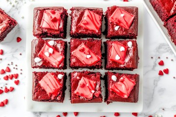 Wall Mural - Aerial shot of red velvet brownies on a marble tray