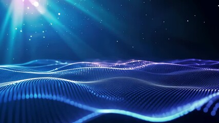 Poster - Abstract Virtual Landscape with Glowing Waves and Stars in Deep Blue Colors