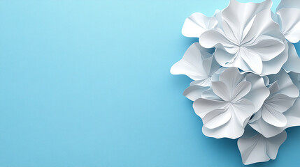 Poster - Abstract white 3D geometric shapes on a gradient blue background forming a modern banner with a sense of depth elegance and order symbolizing creativity innovation and the harmony between chaos and st