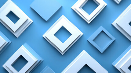 Poster - Abstract white 3D geometric shapes on a gradient blue background forming a modern banner with a sense of depth elegance and order symbolizing creativity innovation and the harmony between chaos and st