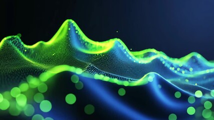 Poster - Digital Waveform Visualization with Green and Blue Particles in Abstract Background