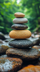 zen stack of stones on a tranquil surface with blurred natural background symbolizing balance harmon