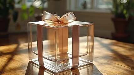 Wall Mural - Empty glass gift box with a ribbon on a wooden table in a sunny room.