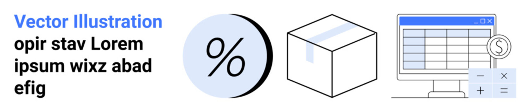Percent sign in a circle, a box, and a computer screen with calculator and dollar symbol. Ideal for financial reports, e-commerce, data analysis, packaging solutions, budgeting tools, online