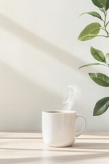 Aufkleber - Warm Minimalist Workspace with Steaming Cup of Tea and Natural Light