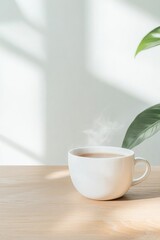 Poster - Steaming Cup of Tea on Sunlit Wooden Table
