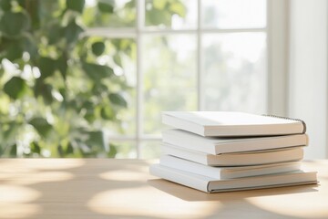 Poster - Sunlit Study Setup Books and Notebooks on Wooden Desk by Window