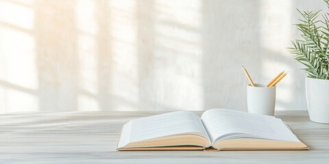 Poster - Serene Study Setup with Open Book, Natural Light, and Minimalist Decor