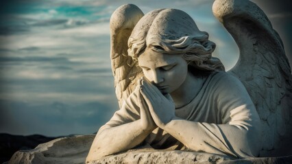 Sculpture of an angel in a prayer pose. The angel's arms are folded, his eyes are closed, and his wings are spread. There is a blue sky and clouds in the background. With a place for the text.