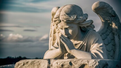 Sculpture of an angel in a prayer pose. The angel's arms are folded, his eyes are closed, and his wings are spread. There is a blue sky and clouds in the background. With a place for the text.