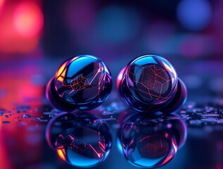 Poster - two headphones, with a geometric pattern on them, set against a vibrant, blurred background with a mix of red and blue colors. The objects appear to be floating above a reflective surface, creating a 