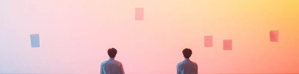 Poster - Korean Students Brainstorming Dreamlike Minimalism with Floating Papers in Surreal Light