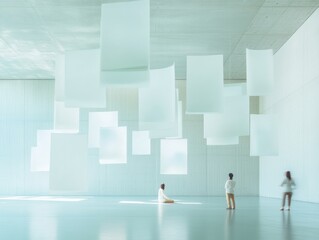 Poster - Floating Papers and Discussions in a Minimalist Dreamscape