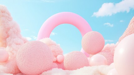 Aufkleber - Surreal Pastel Dreamscape Abstract Pink Clouds and Spheres Against a Blue Sky