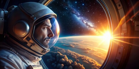 astronaut gazing at earth from space station window - stunning bokeh effect