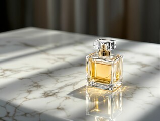 Poster - bottle of perfume on a marble surface, with sunlight casting a shadow on the table. The bottle is square-shaped with a clear glass body and a golden liquid inside.