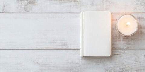 Poster - Minimalist Reading Setting with Candlelight on Wooden Surface