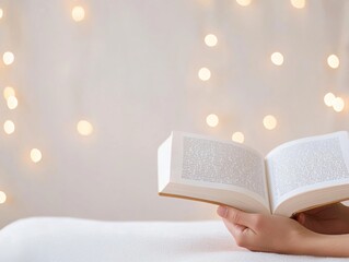Poster - Cozy Evening Reading Hands Holding Open Book Amidst Gentle Lights