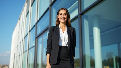 Happy business woman standing outside a office building