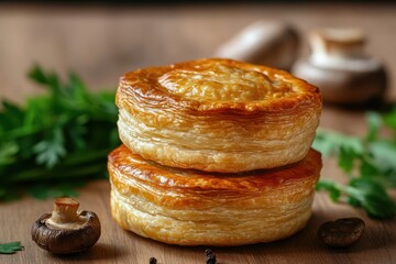 Wall Mural - Classic Australian meat pie on wood Chicken and mushroom puff pastry Savory pie