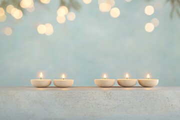 Poster - Minimalist Candle Arrangement on Soft Blue Background with Bokeh Lights