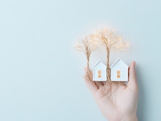 Poster - Micro Investments Hand Holding Mini Houses with Luminous Roots on Abstract Background