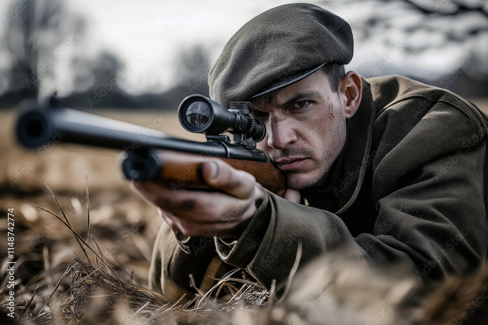 World War II-era sniper in vintage uniform, aiming a classic rifle in a ...