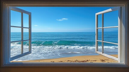 Wall Mural - Expansive view of a tranquil beach through an open casement window on a clear day