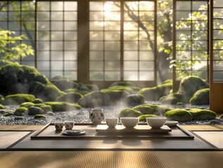 Poster - traditional Japanese tea ceremony setting with a wooden tray, cups, and tea implements placed on a rug in front of a window with a scenic view of a garden with greenery and a stone path. The setting i