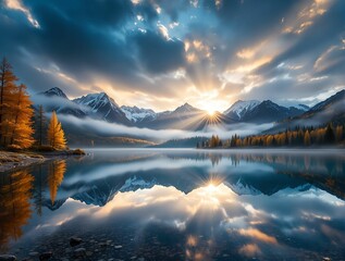 Poster - stunning mountainous landscape with a calm lake reflecting the vibrant autumn colors and the dramatic sky. The sun is setting or rising, casting a warm glow and creating a serene, picturesque scene.