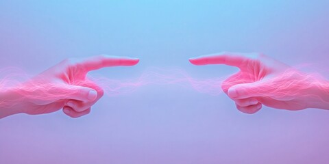 Poster - Hands Creating Energy Flow Futuristic Holographic Concept in Pastel Tones