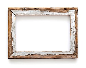 Wall Mural - Rustic frame with a weathered appearance, top view isolated on a white background, showing its aged texture.