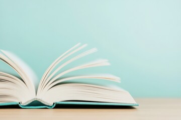 Poster - Serene Open Book on Wooden Table with Soft Light and Minimalist Style