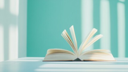 Aufkleber - Open Book with Soft Light on Pale Background, Surreal and Dreamlike Atmosphere
