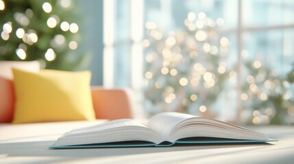 Aufkleber - Dreamlike Christmas Reading Open Book with Holiday Lights in Cozy Setting