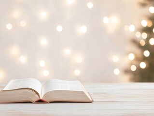 Poster - Minimalist Serenity Open Book on Wooden Table with Soft Bokeh Lights in Background