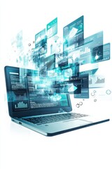 Poster - Digital documents flying over laptop in modern office setting