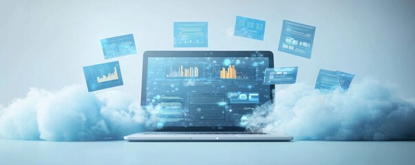 Poster - Innovative digital workspace with flying documents and laptop technology
